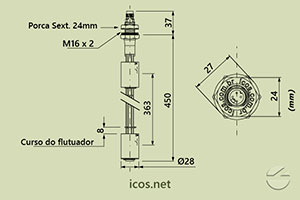 Dimensões do Sensor de Nível tipo Boia para controle de nível de líquidos LE452-1-M12
