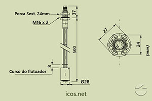 Dimensões do Sensor de Nível tipo Boia para controle de nível de líquidos LE501-M12