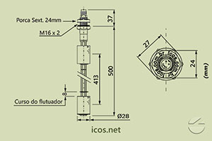 Dimensões do Sensor de Nível tipo Boia para controle de nível de líquidos LE502-1-M12