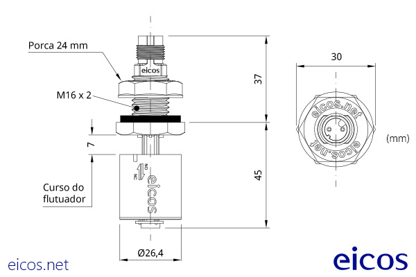 Dimensões do Sensor de Nível LC36-M12