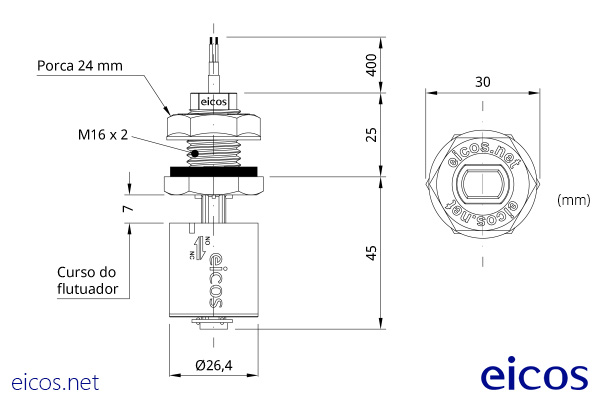 Dimensões do Sensor de Nível LC36M-40