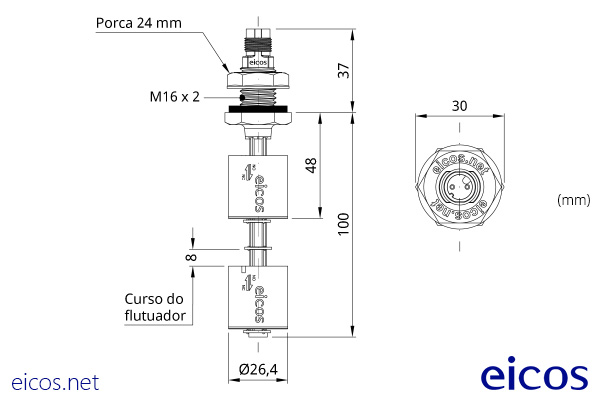 Dimensões do Sensor de Nível LD362-M12