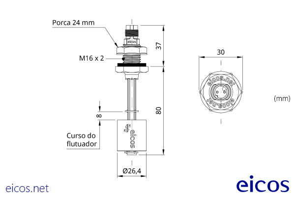 Dimensões do Sensor de Nível LD81-M12