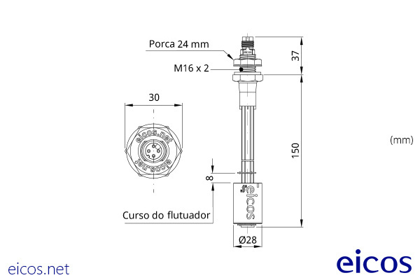 Dimensões do Sensor de Nível LE151-M12